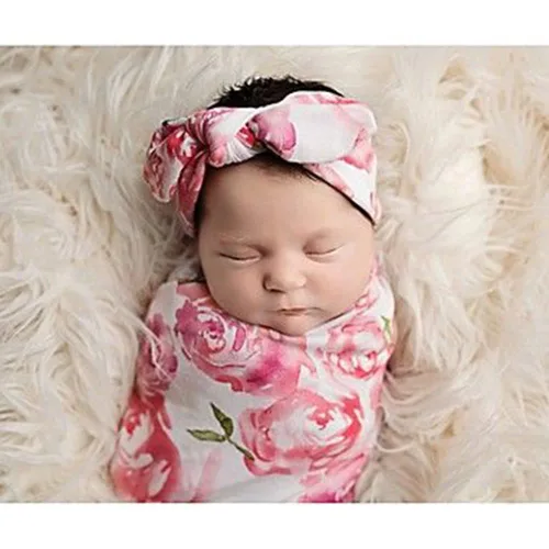 Vista 6 de DRESHOW BQUBO - Mantas para recién nacido, con diseño floral, para recién nacido, con diademas para envolver a niños pequeños 1 juego de flores
