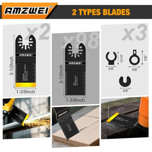 Vista 2 de AMZWEI 100 Piezas Cuchillas para Herramientas Oscilantes, Cuchillas de Sierra Oscilante Universales Profesionales para Corte de Madera y Metal