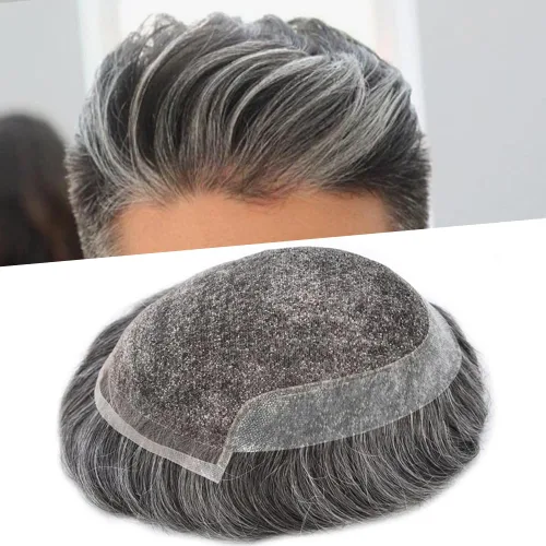 Vista 13 de Tupé para hombre con encaje suizo para hombre, sistema de reemplazo de cabello humano real, extensiones de nudo blanqueado para prótesis de cabello