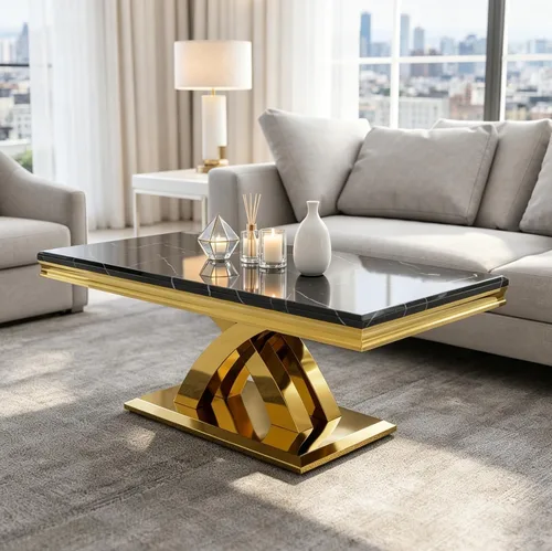 Vista 6 de AUZ Mesa auxiliar negra y dorada de 48 pulgadas, mesa central rectangular de lujo con base de metal pulido en forma de X para sala de estar, oficina