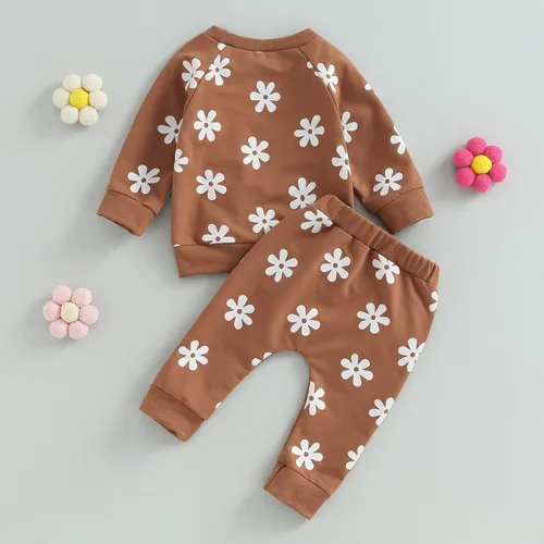 Vista 6 de MAYUMMPY Conjunto de 2 piezas de sudadera con cuello redondo floral y pantalones para bebé niña