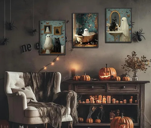 Vista 4 de NBYARTQ Pósteres de Fantasmas de Halloween Arte de Pared Juego de 3 Impresiones de Terror Espeluznante Academia Oscura Fantasma y Gato Negro