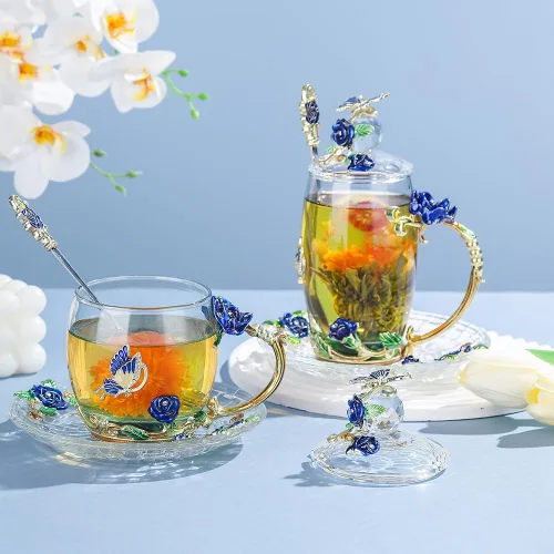 Vista 5 de Taza de café de vidrio, regalo de cumpleaños y Navidad para mujeres, mamá, hermana, novia, compañera de trabajo, taza de té de flores y mariposas