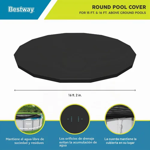 Vista 2 de Bestway - Cubierta redonda de PVC de 16 pies para piscinas elevadas con marco Pro, con agujeros de drenaje y cuerdas de sujeción seguras
