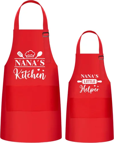 Vista 9 de Juego de 2 delantales para niños y adultos, regalo para madre e hijo, diseño de ayudante para hornear de mamá blanca, delantales de cocina