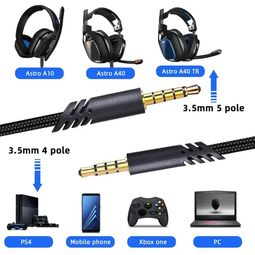 Vista 2 de 2M - Cable de repuesto para auriculares de 6.5 pies con control de volumen para Astro A10/A30/A40/A50, cable de auriculares para PS5/PS4/Xbox Series