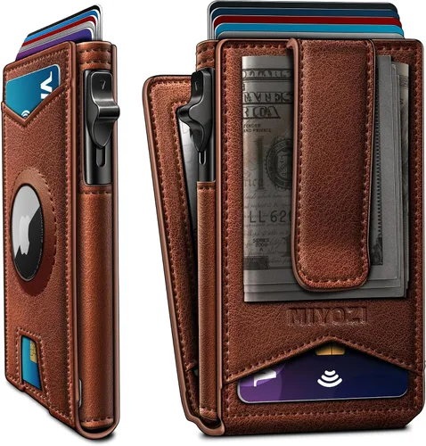 Vista 9 de miyozi Airtag - Cartera para hombre con clip para dinero, 9 tarjetas, con ventana de identificación, bloqueo RFID, funda de metal, cierre magnético