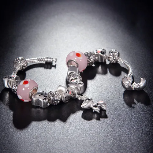 Vista 6 de Muerdou - Pulsera con dijes de mariposa y flor y cuentas de cristal de Murano para niñas y mujeres