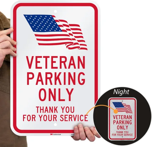 Vista 2 de SmartSign Letrero de metal con texto en inglés "Veteran Parking Only - Thank You For Your Service" de 18 x 12 pulgadas con símbolo de la bandera
