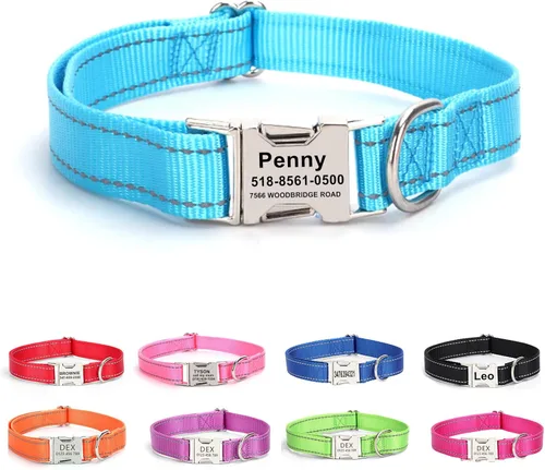 Vista 17 de Collar personalizado para perro con etiqueta de nombre, collar de nailon reflectante para mascotas, collares de perro con hebilla dorada grabada