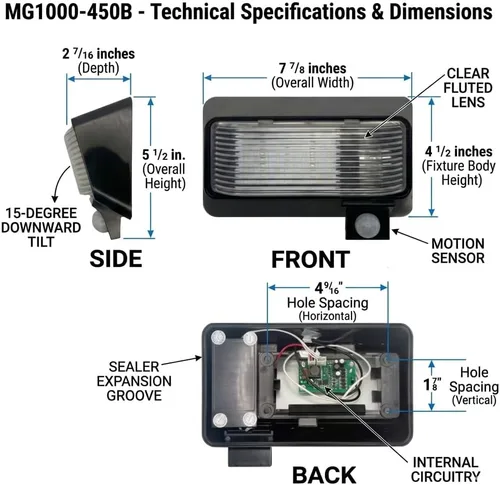 Vista 4 de MG1000-450B, luz LED de sensor de movimiento para porche montada en exterior de RV, con clasificación IP65 con INTELA-Sensor, protección
