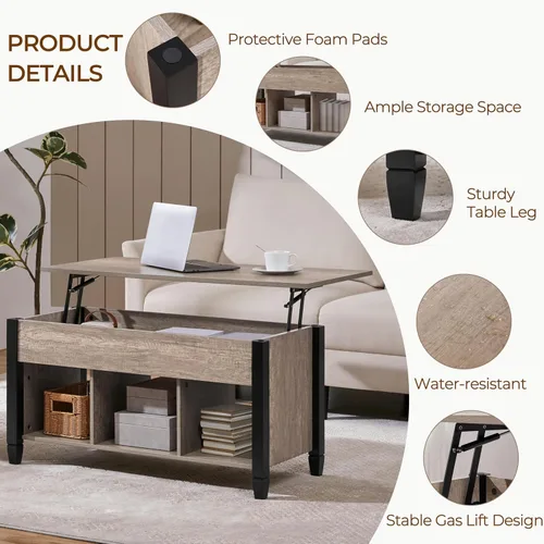 Vista 9 de Yaheetech Mesa auxiliar gris, mesa de centro elevable con compartimento oculto y estante, mesa de comedor elevable para sala de estar, recepción