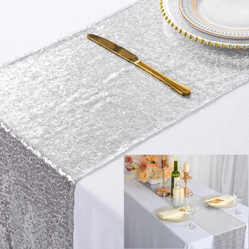 Vista 22 de ShinyBeauty Camino de mesa de lentejuelas rosa intenso, 12 x 72 pulgadas, elegante camino de mesa para eventos de boda personalizado