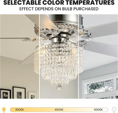 Vista 5 de Ventilador de techo de cristal con luces, ventilador de candelabro moderno con control remoto, ventilador de techo cromado reversible, lámpara