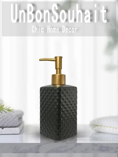 Vista 2 de Dispensador de jabón dorado para baño, dispensador de loción cuadrado negro, dispensador de jabón de manos de cerámica recargable para encimera