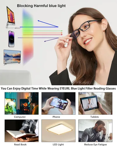 Vista 6 de EYEURL Gafas de lectura para mujer, lentes de bloqueo de luz azul que reducen la fatiga ocular, paquete de 2 unidades, marco TR90 ligero +0.0