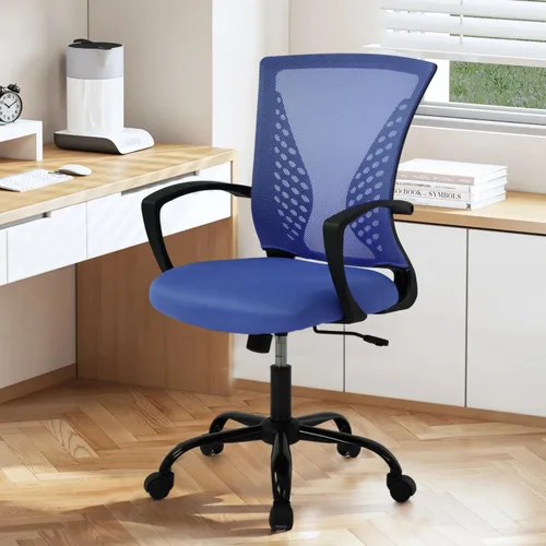 Vista 10 de Silla de oficina de malla con ruedas, silla de escritorio ergonómica de respaldo medio con brazos y soporte lumbar, cómoda silla de computadora
