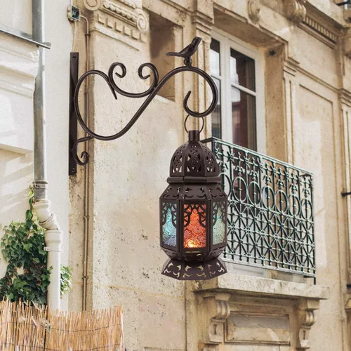 Vista 5 de Lewondr Farol de vela retro de hierro Ramadán, portátil de hierro forjado marroquí, de 10.2 pulgadas, portavelas decorativo, lámpara colgante