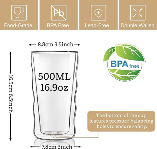 Vista 2 de Joeyan Vaso aislado de doble pared, vasos de vidrio de cóctel de cerveza de 15 onzas, vasos altos para beber, batido de borosilicato de doble forro