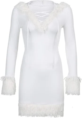 Vista 5 de Disfraz sexy de Papá Noel para mujer, con ribete de piel, de felpa, hombros descubiertos, acampanado, de terciopelo, vestido de Navidad
