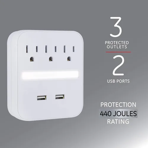 Vista 3 de GE Extensor de 3 salidas Pro de 2 puertos USB con luz nocturna, paquete de 2, protector SurGE , estación de carga, sensor del atardecer al amanecer
