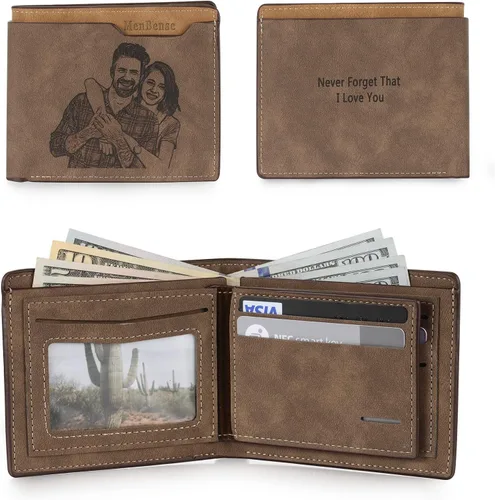 Vista 9 de Carteras personalizadas para hombres, cartera personalizada para hombre con imagen grabada y nombre, billetera delgada de cuero plegable, regalos