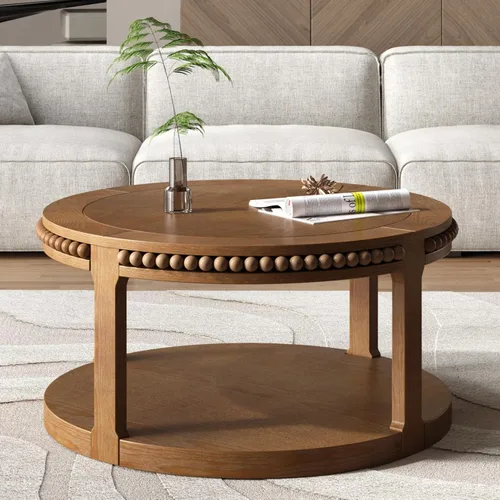 Vista 26 de Mesa de centro redonda de madera de 31.49 pulgadas con almacenamiento, mesa de centro circular acanalada de 2 niveles con tapa y estante para sala