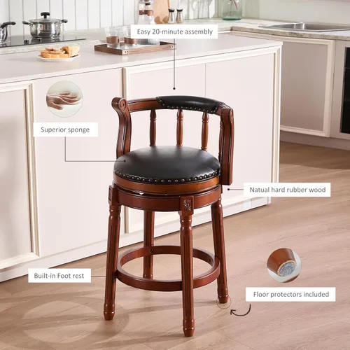Vista 5 de RAINMOOD Juego de 2 taburetes de bar, taburete tapizado de cuero de grano completo, silla de bar negra con respaldo, patas de madera maciza