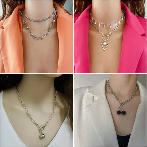 Vista 3 de Juego de 8 collares de cadena en tono plateado y dorado para mujeres, adolescentes y niñas y niños, collar colgante en capas con diseño multicolor