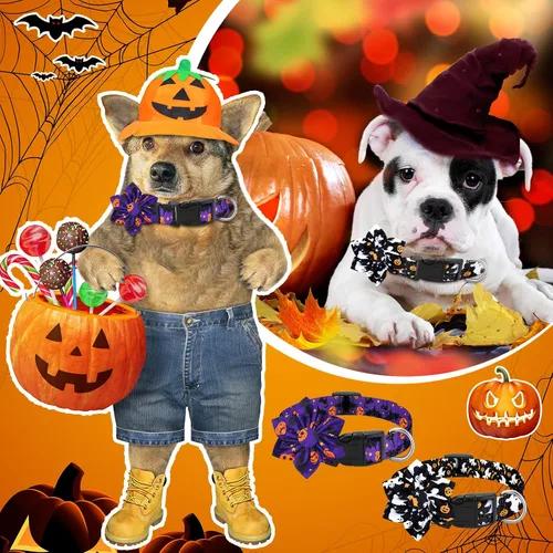 Vista 9 de Silkfly 6 collares de Navidad para cachorros con flores de otoño, arce, pavo, calabaza, collar ajustable para mascotas con hebilla de plástico