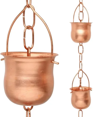 Vista 11 de Cadena de lluvia de cobre – Campanas decorativas y tazas reemplazan la canaleta y desvían el agua lejos de casa para una impresionante exhibición