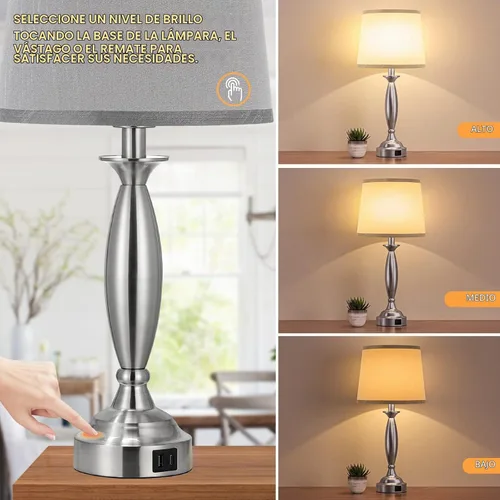Vista 3 de Seealle Lámparas para dormitorios, lámpara de noche con control táctil con USB C+A, lámparas de mesita de noche regulables de 3 vías con puerto USB