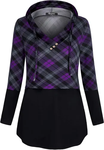 Vista 2 de QUINEE sudadera con capucha para mujer de manga larga a cuadros, bloque
