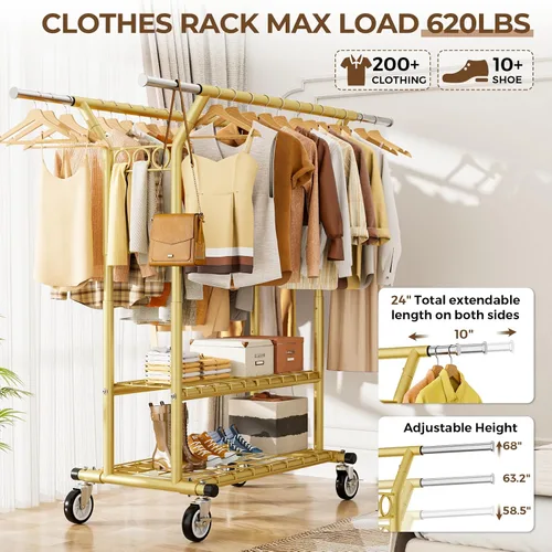 Vista 2 de HYSEYY Perchero de ropa resistente, estantes de ropa rodantes con estantes de carga de 620 libras, percheros de ropa de doble barra para colgar