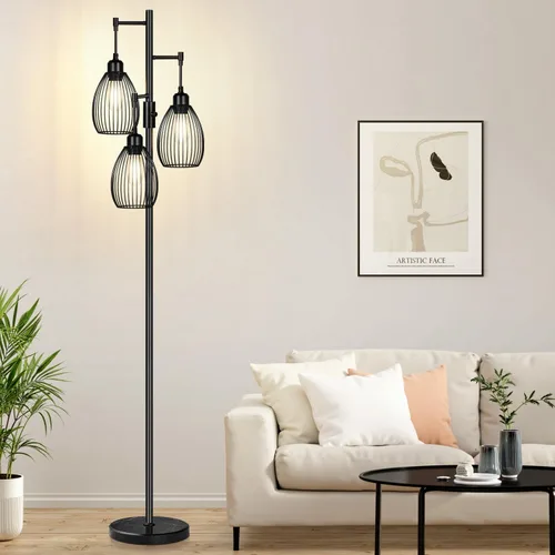 Vista 14 de Lámpara de pie regulable, 3 bombillas LED Edison de 800LM incluidas, lámpara de pie industrial de granja lámpara de árbol de pie con elegante jaula