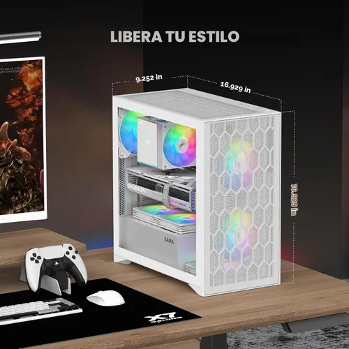 Vista 7 de Estuche de PC SAMA V Mesh de torre media - Estuche de PC para juegos con alto flujo de aire, panel frontal de malla y panel lateral de vidrio