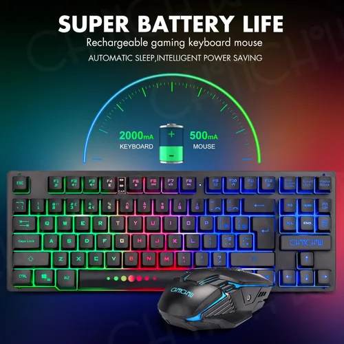 Vista 3 de CHONCHOW Combo de teclado y mouse inalámbricos para juegos, teclado recargable de 87 teclas con luz LED, mouse ergonómico inalámbrico