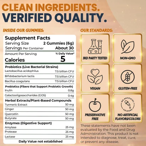 Vista 7 de Debloat Daily 3 en 1 Gomitas prebióticas, probióticas y enzimas digestivas Apoyo digestivo para mujeres y hombres Hinchazón ocasional, malestar