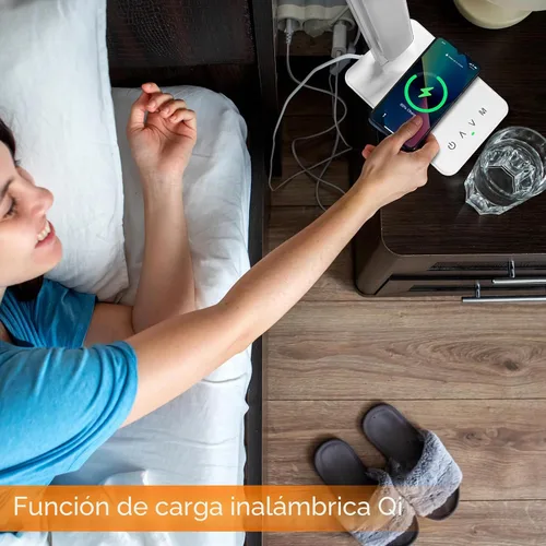 Vista 6 de Lámpara de escritorio LED White Crown con cargador inalámbrico de 15W y puerto USB, lámpara de mesa regulable con 5 modos de iluminación, control