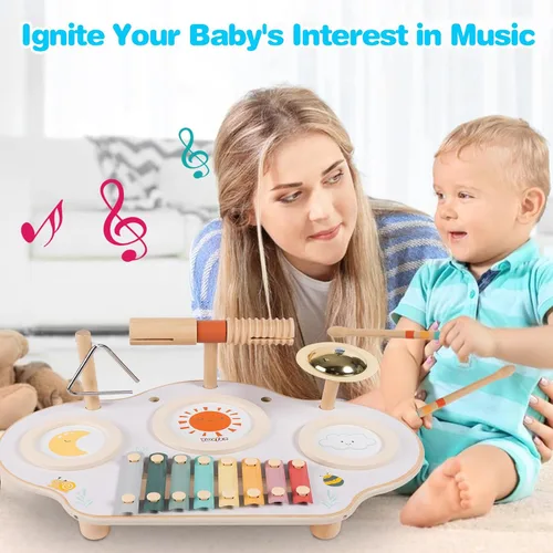 Vista 3 de Twefex Juego de batería para niños, juego de batería 9 en 1 para niños pequeños, instrumentos musicales Montessori, juguete para bebés, juguetes