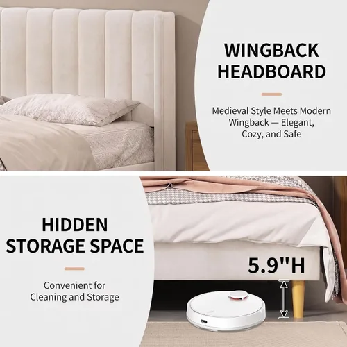 Vista 5 de Cama de plataforma tapizada de terciopelo Queen con cabecera con respaldo de alas, color crema Canal vertical acolchonado, listones de madera