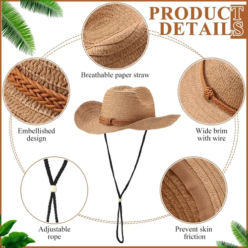 Vista 3 de JaGely 12 sombreros de vaquero de paja para mujeres y hombres, sombrero de verano de ala ancha, protección solar a granel para fiestas temáticas
