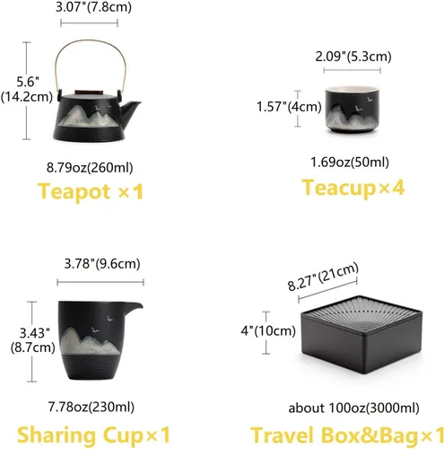 Vista 5 de Juego de té Gongfu, estilo japonés Yuan Shan, tetera de cerámica negra con infusor, 4 tazas y 1 taza de servir, paquete de viaje portátil