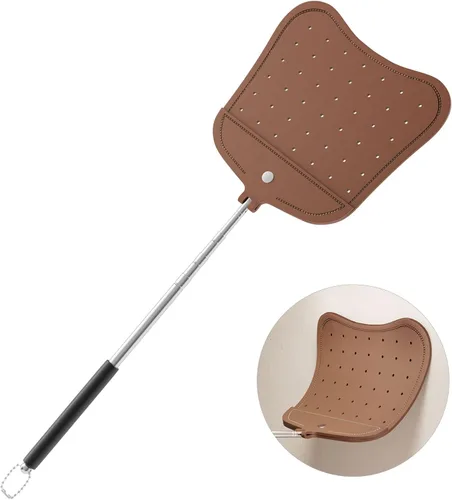 Vista 10 de Matamoscas telescópico resistente, matamoscas de cuero con mango largo extensible, matamoscas manual flexible para interiores y exteriores, paquete