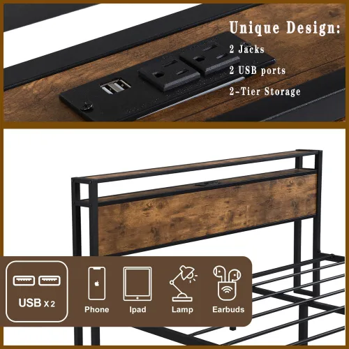 Vista 3 de Base de cama industrial tamaño matrimonial, marco de cama de plataforma con tomas de corriente y 2 puertos USB y con cabecera de almacenamiento de 2