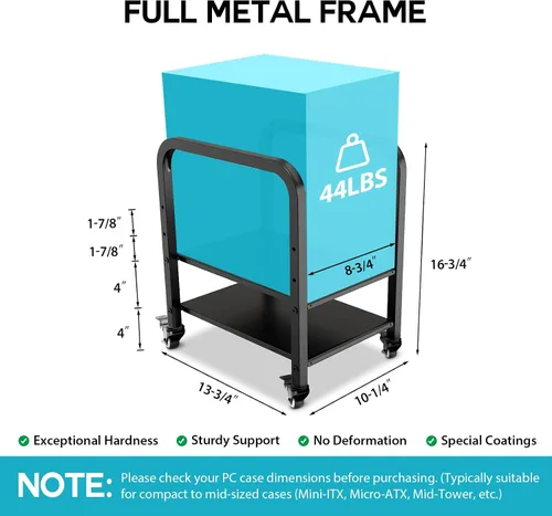 Vista 3 de Soporte de torre para computadora, soporte de piso de PC de altura ajustable de 2 niveles para torre pequeña/media, carrito de metal completo