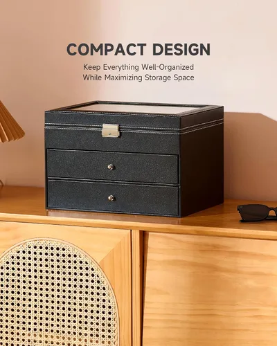 Vista 4 de CO-Z Sunglasses Organizer, Leather Eyeglasses Storage Box for Women Men, Lockable Sunglass Display Case Holder with Drawer