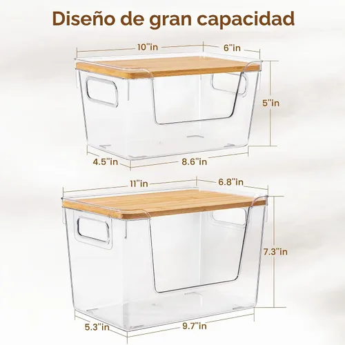 Vista 3 de Criusia 2 organizadores grandes y 2 pequeños de despensa y almacenamiento con tapas de bambú, contenedores transparentes apilables para cebolla