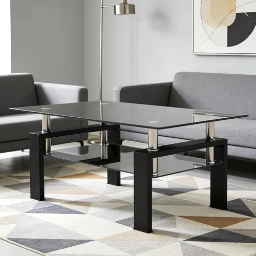 Vista 4 de Mesa auxiliar de cristal para sala de estar, mesa central rectangular de 2 niveles con patas de metal, mesa auxiliar para el hogar, oficina