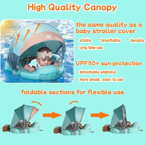 Vista 4 de Mambobaby Flotador con Toldo y Cola Nuevo Mejorado Flotador de Piscina No Inflable para Bebé Flotador de Natación Mambo Entrenador de Natación